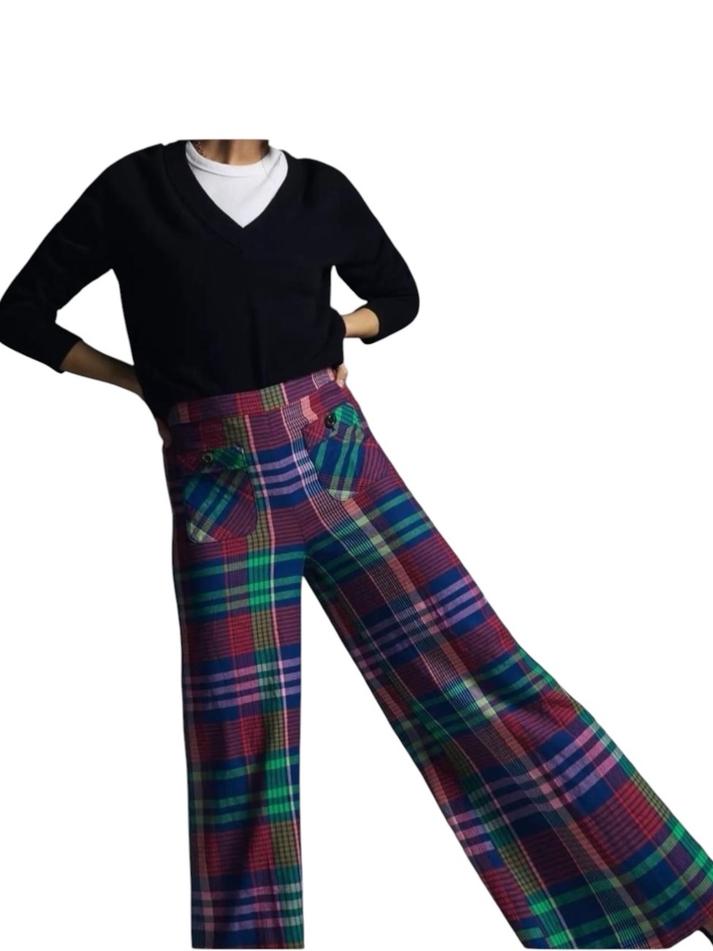 Maeve Anthropologie Plaid Palazzo Pants Sz 6 EUC Wide Leg High Rise Linen Blend